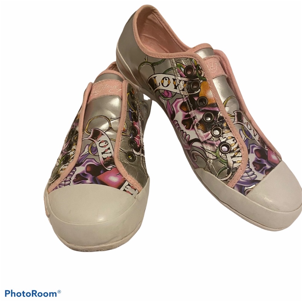 Ed Hardy Ellerise Skull Pink and Silver “Love Kills” Bubble Slip-On Shoe, Size 8